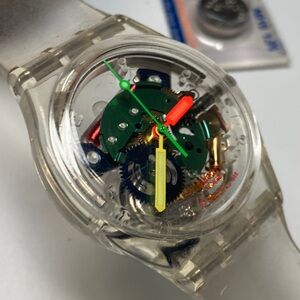 Swatch GZ159 jelly skeleton piano, clear strap and case, new battery, Y2K